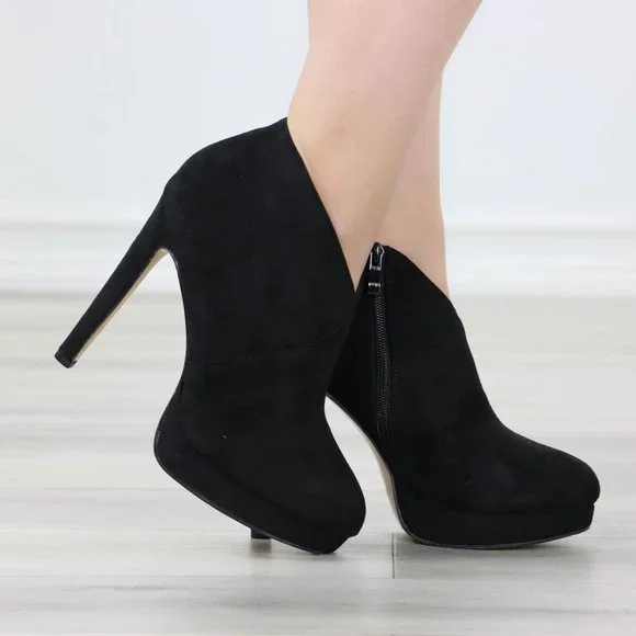 Black High Heel Platform Ankle Boots Stilettos Faux Suede - Picture 5 of 12